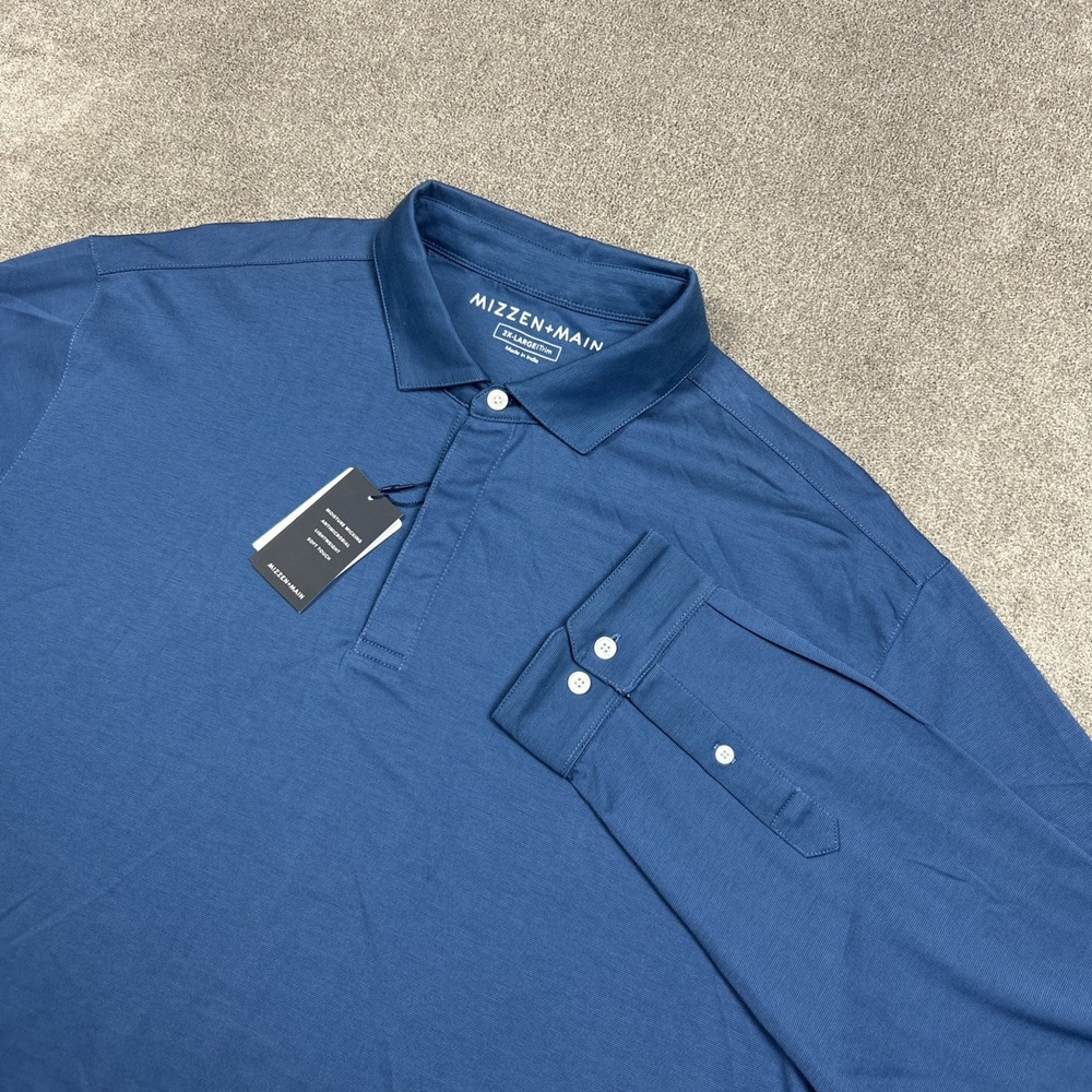 NEW Mizzen + Main Shirt Wilson Long Sleeve Golf Polo 2XL Trim Blue Wicking